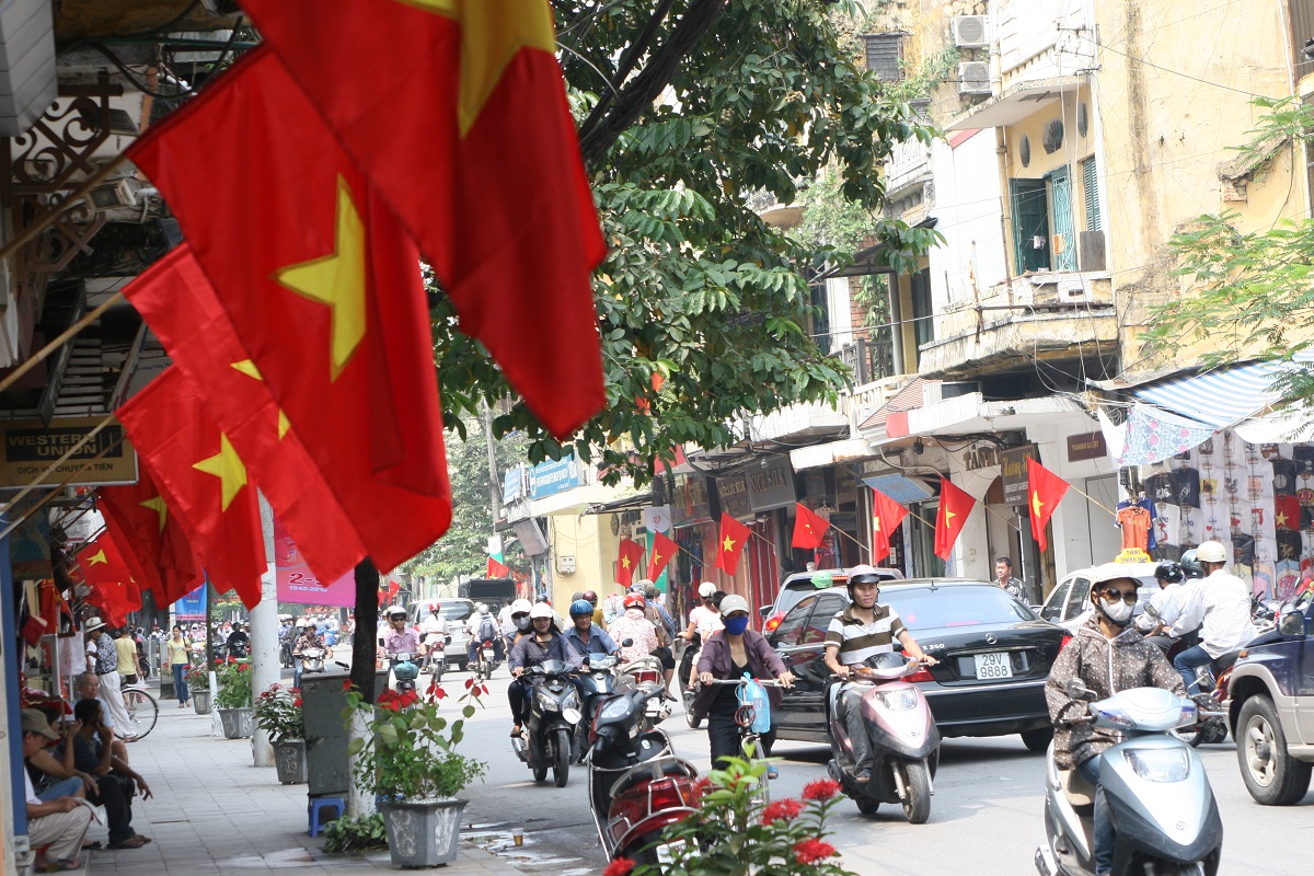 Streets full of national flags on Independence day in Vietnam
