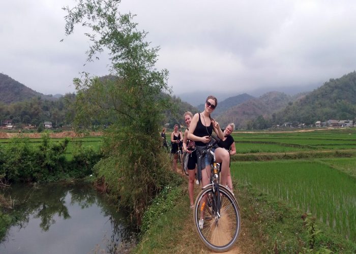 Tourists cycling in Mai Chau